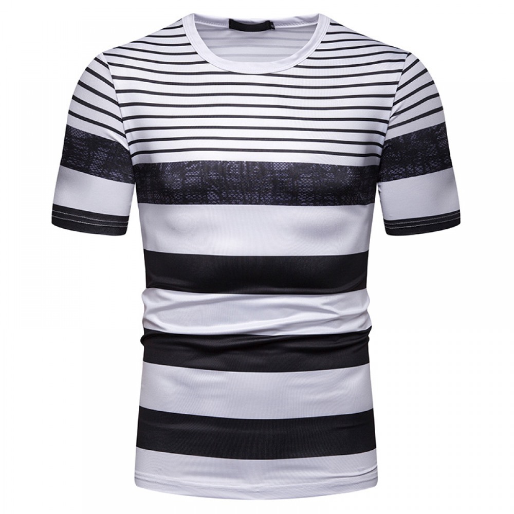 New Summer Men's Short-Sleeved T-Shirt Men's Contrast Striped Slim Casual T-Shirt